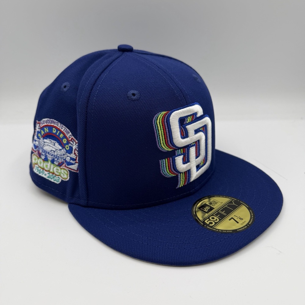 New Era 59Fifty San Diego Padres Hat Cap 7 1/8 Blue Quallcom Stadium The Q 2003